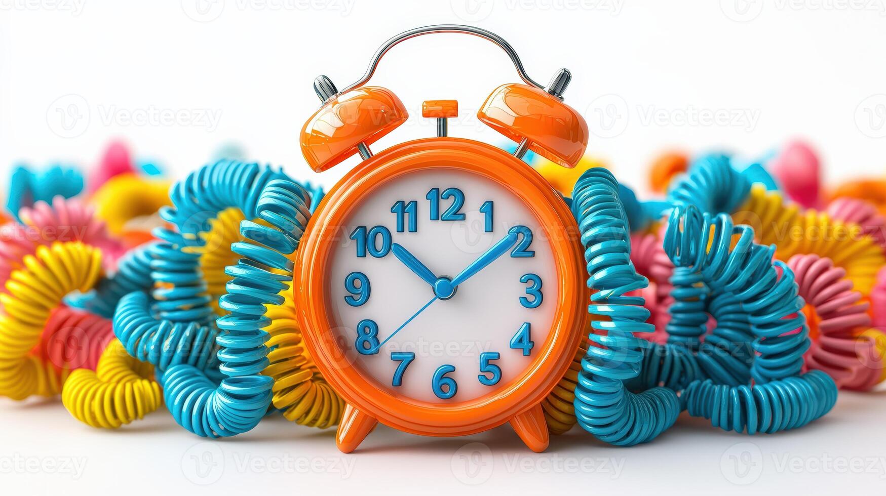 Vibrant alarm clock surrounded by colorful, playful coils, symbolizing time management and creativity. photo