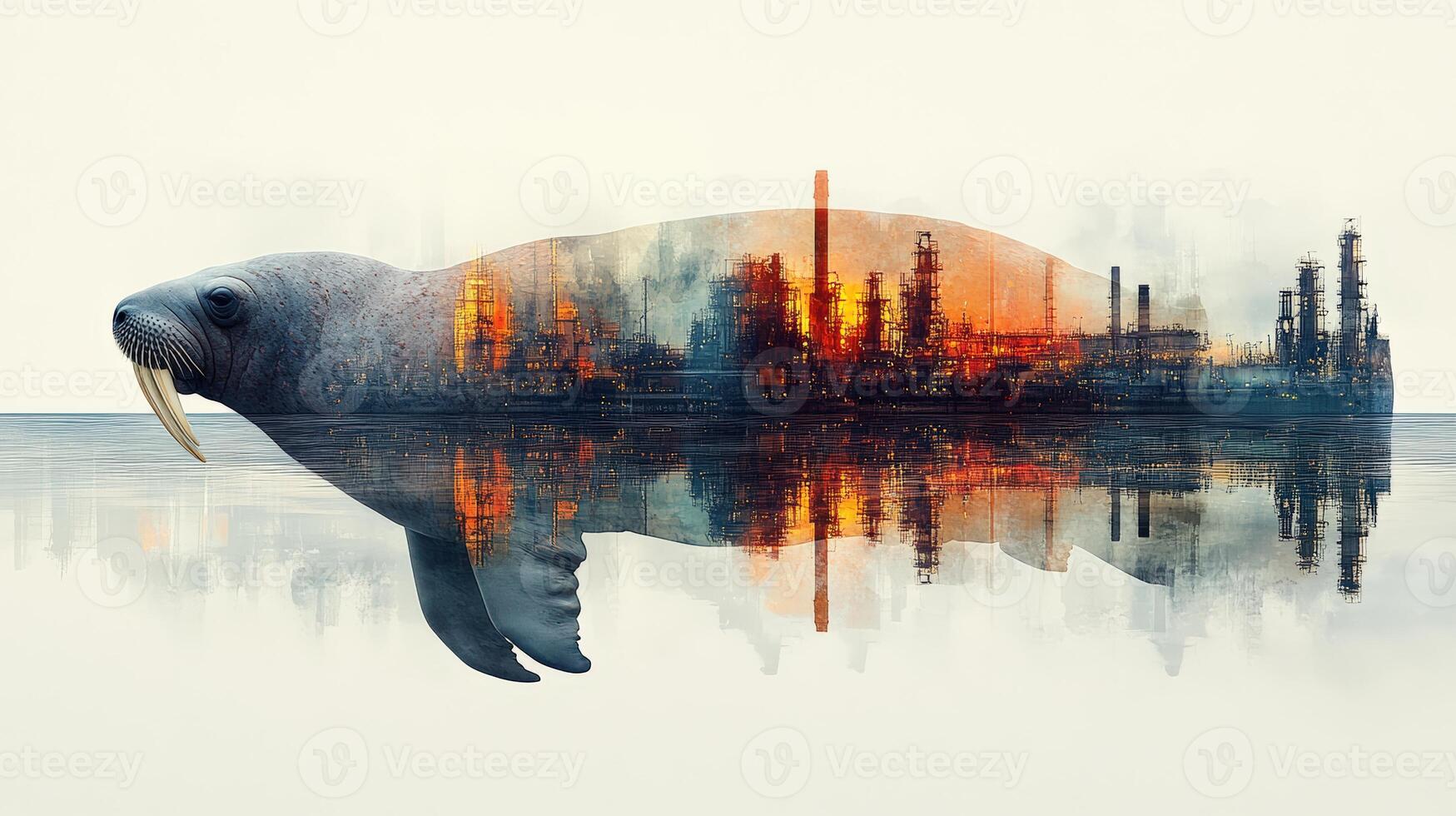 A creative blend of a walrus silhouette and an industrial landscape, symbolizing the connection between nature and industry. photo