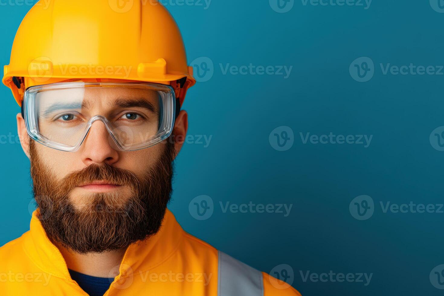 Confident worker in safety gear, wearing a yellow helmet and glasses, ready for construction or industrial tasks against a blue background. photo