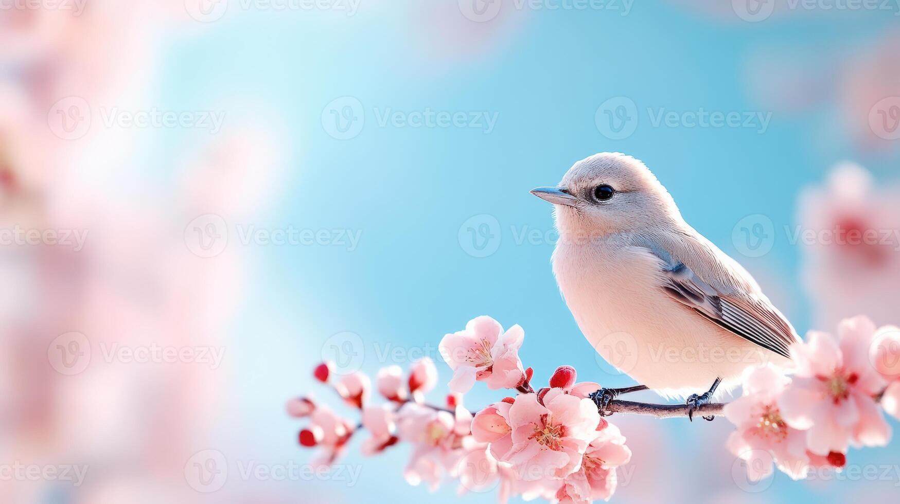 A delicate bird perched on a blooming cherry blossom branch, capturing the essence of spring against a soft, serene background. photo