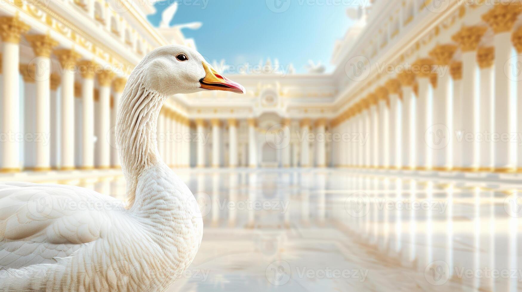 Elegant white goose stands majestically in a grand, ornate hall with reflective floor and pillars, showcasing beauty and tranquility. photo