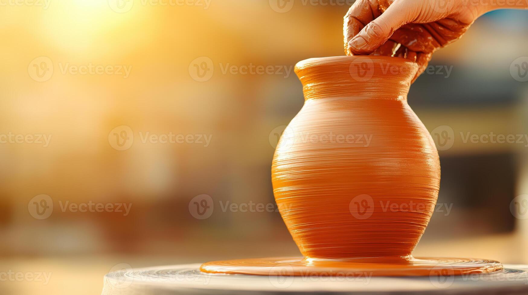 A skilled artisan shapes a clay pot on a pottery wheel, showcasing craftsmanship and creativity in a beautiful outdoor setting. photo