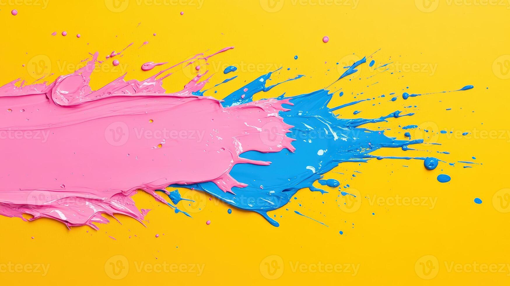 Vibrant splash of pink and blue paint on a bright yellow background, showcasing an artistic and colorful texture. photo