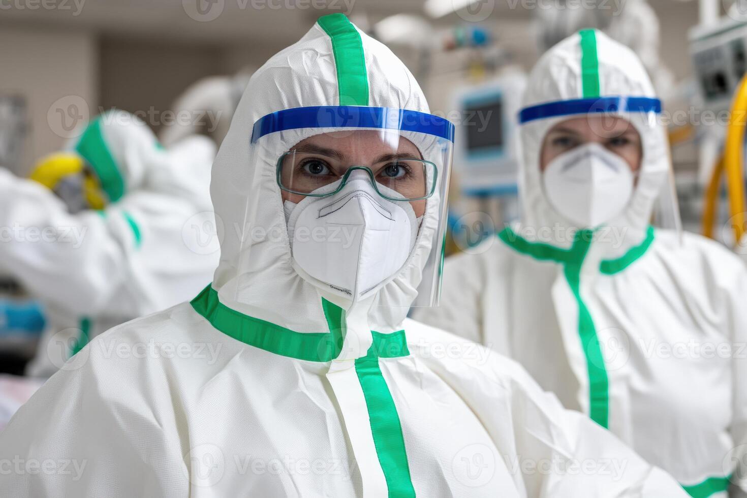 Healthcare workers in protective gear, showcasing dedication and safety in a medical environment during a health crisis. photo