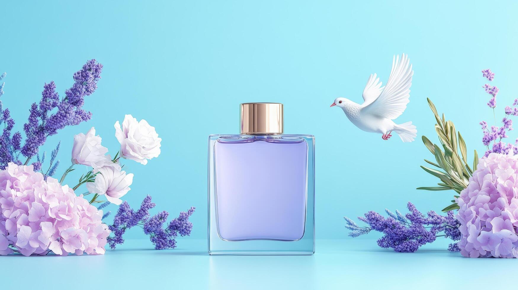 Elegant purple perfume bottle surrounded by fresh flowers and a dove, creating a serene and calming ambiance. photo