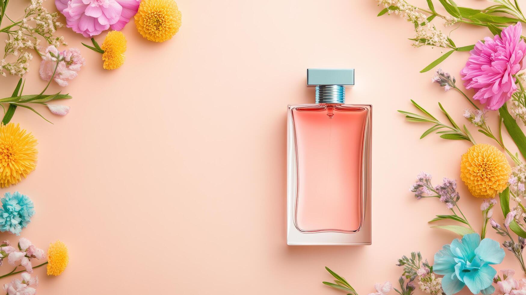 A stylish perfume bottle surrounded by colorful flowers on a soft pastel background, perfect for beauty and fragrance concepts. photo