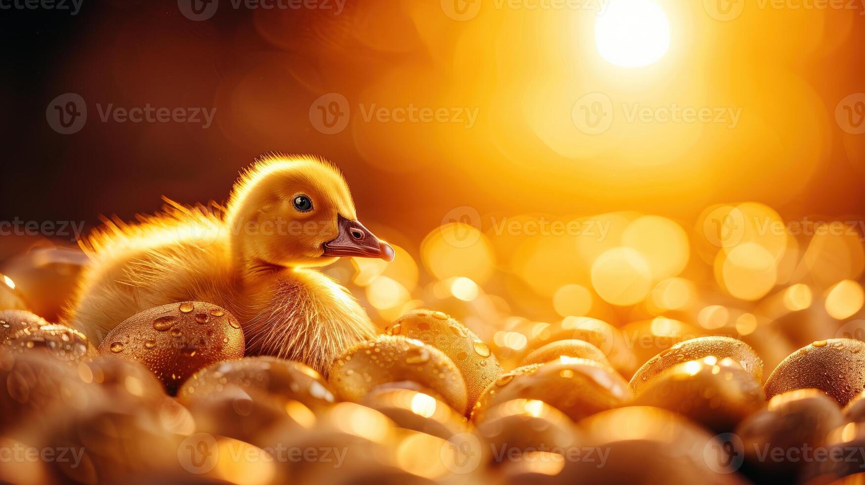 A cute duckling nestled among golden eggs, glowing in the warm sunlight, symbolizing new beginnings and nature's beauty. photo