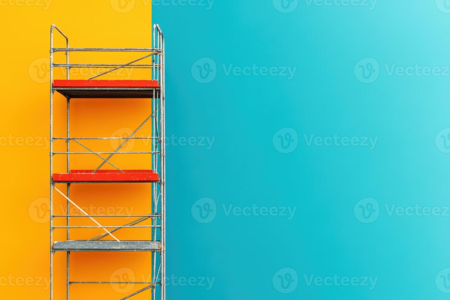 A colorful scene featuring a metal scaffolding against vibrant blue and yellow walls, showcasing industrial and artistic elements. photo