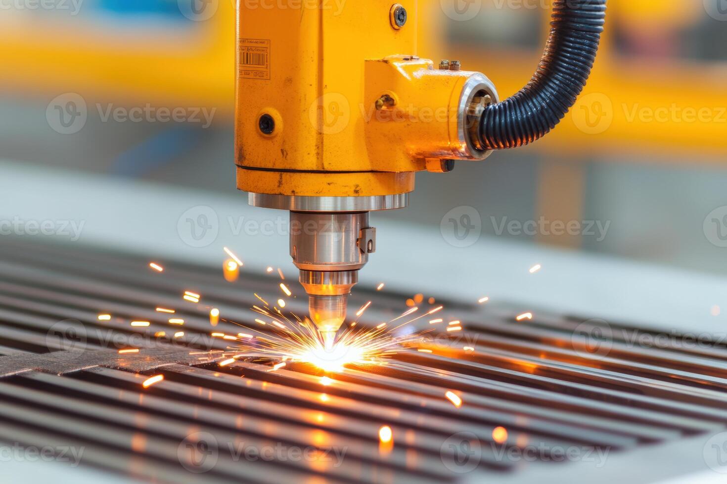 Close-up of a laser cutting machine in action, producing sparks while cutting metal for precise manufacturing. photo