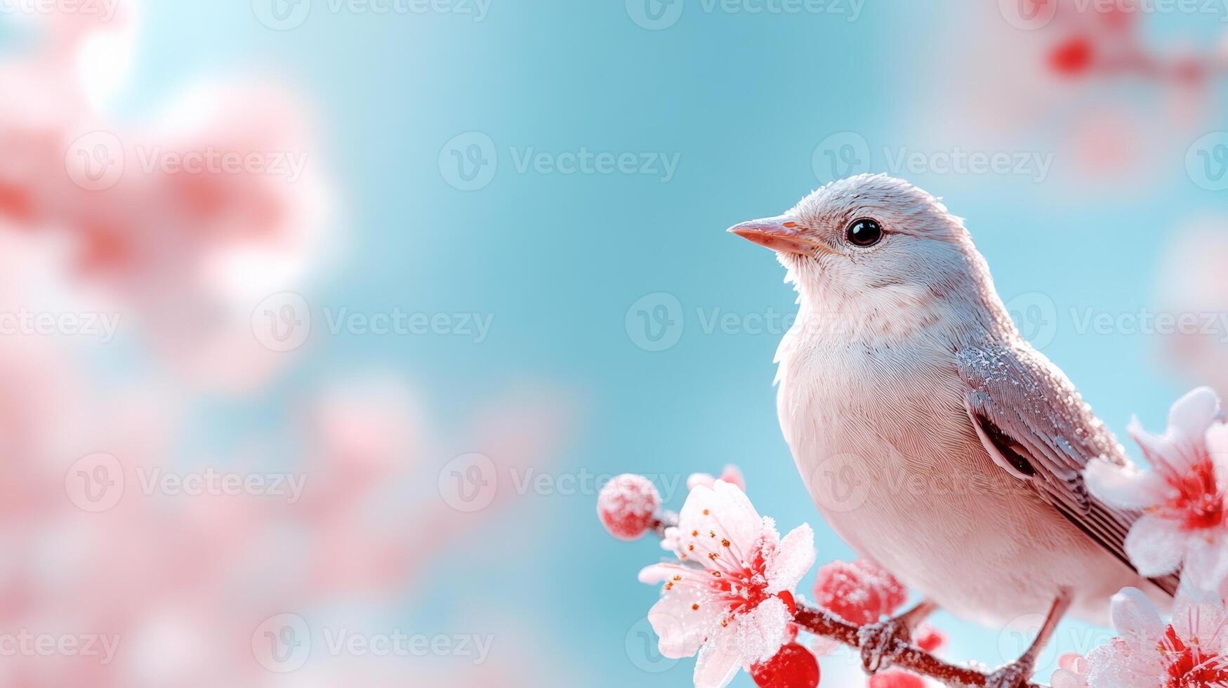 A serene bird perched on a branch, surrounded by beautiful pink blossoms against a soft blue background, representing tranquility. photo
