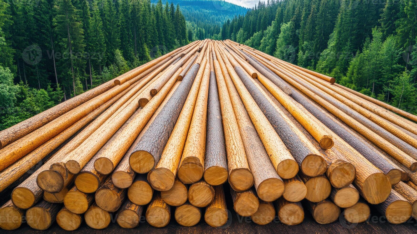 A scenic view of stacked logs in a lush forest, showcasing natural wood textures and vibrant greenery. photo