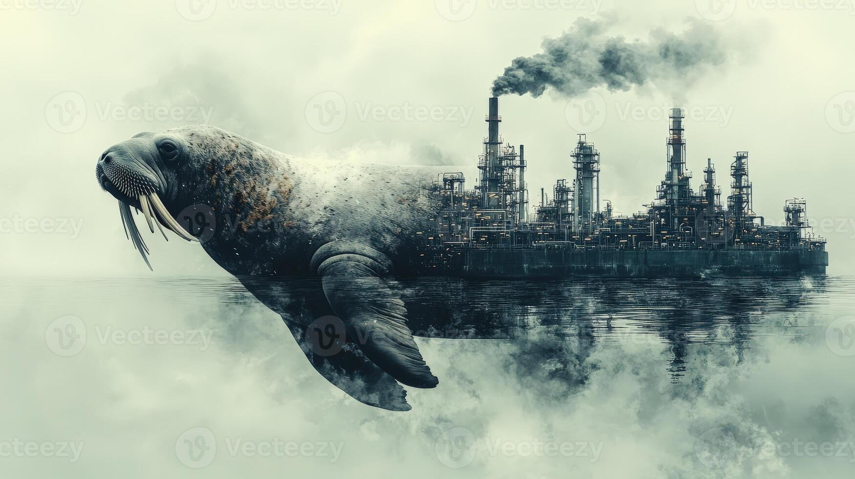 A surreal blend of nature and industry, featuring a walrus emerging from a misty landscape with an oil refinery in the background. photo