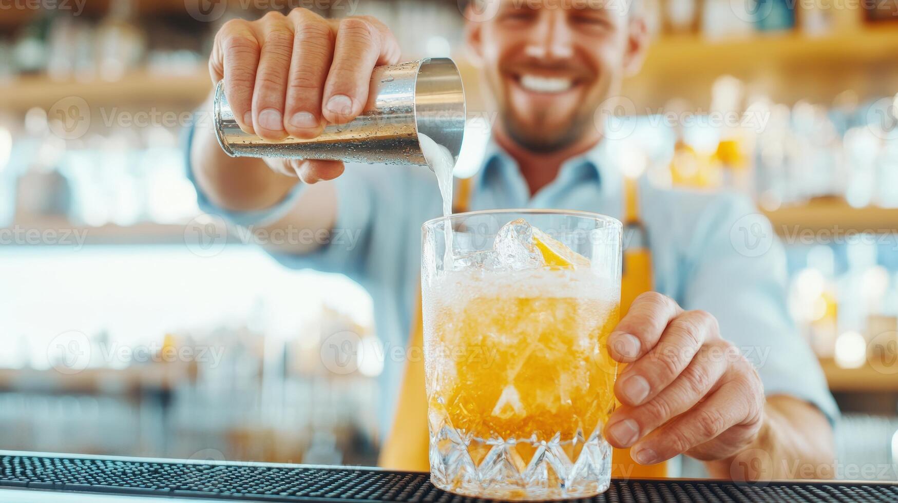 A cheerful bartender skillfully pouring a refreshing cocktail into a glass, showcasing expertise in mixology and customer service. photo