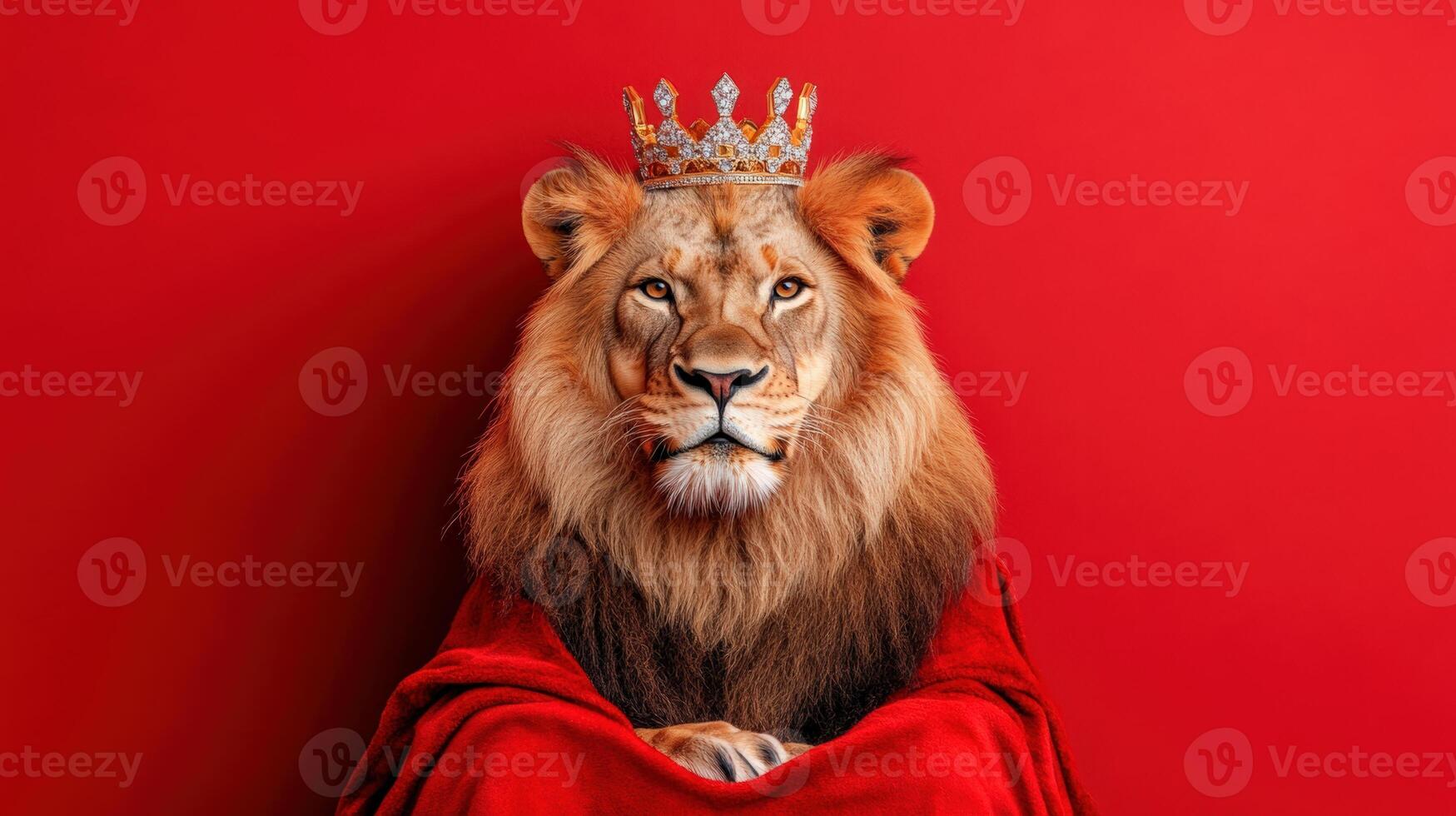 Majestic lion with a regal crown sits proudly against a vibrant red backdrop, symbolizing strength and royalty. photo