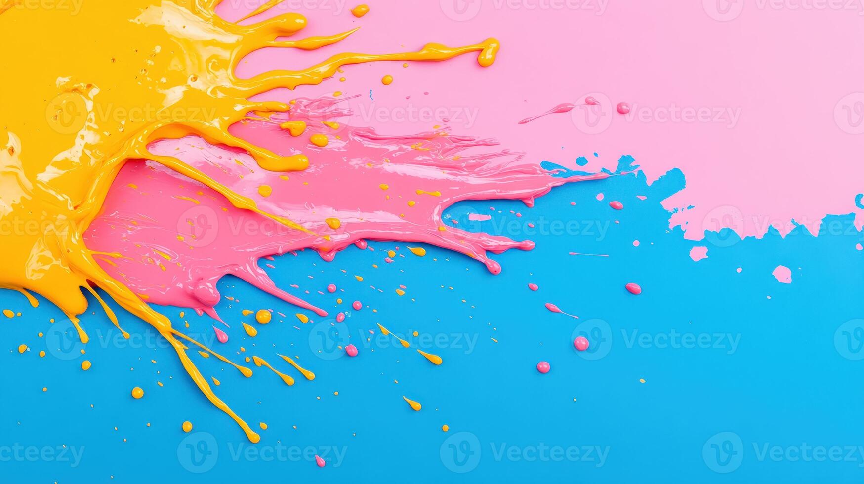 Vibrant paint splash in yellow, pink, and blue on a textured background, perfect for creative and artistic projects. photo