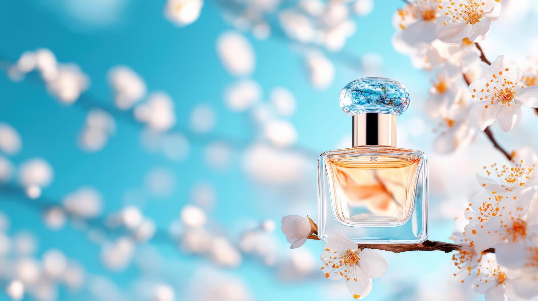 Elegant perfume bottle surrounded by blooming flowers against a soft blue background, evoking freshness and beauty. photo
