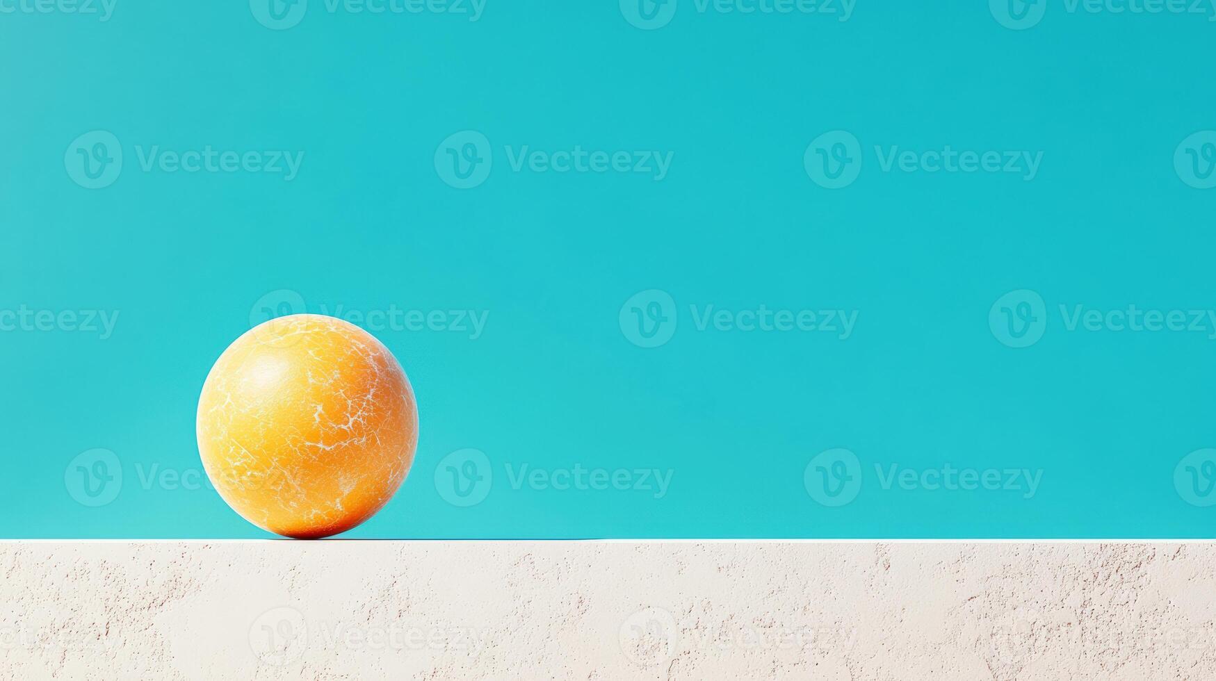 A vibrant orange sphere rests on a minimalist surface against a solid turquoise background, evoking simplicity and freshness. photo