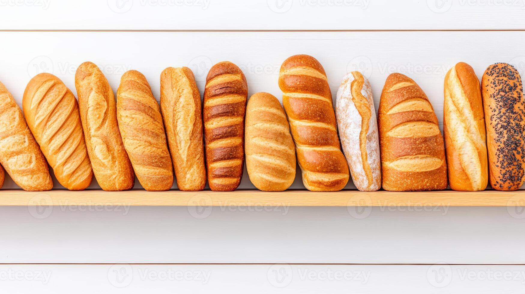 An assortment of freshly baked loaves of bread displayed elegantly on a shelf, showcasing various textures and shapes. photo