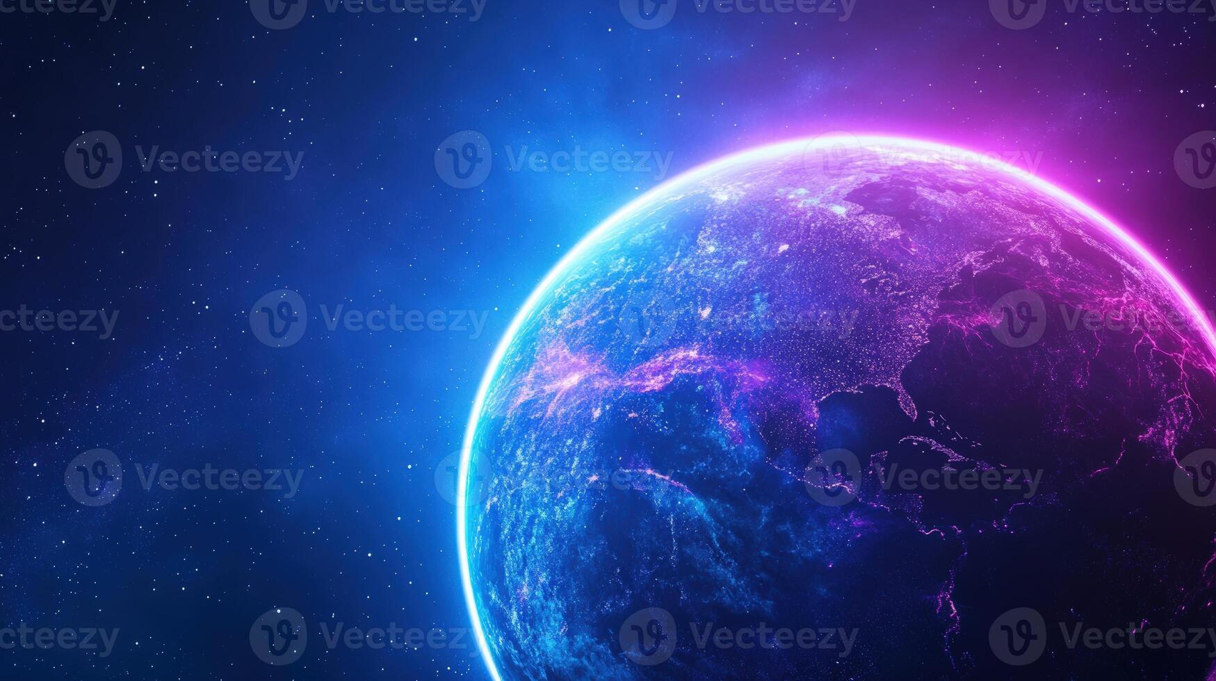 A stunning view of a colorful planet in space, illuminated by vibrant blue and purple light against a starry backdrop. photo