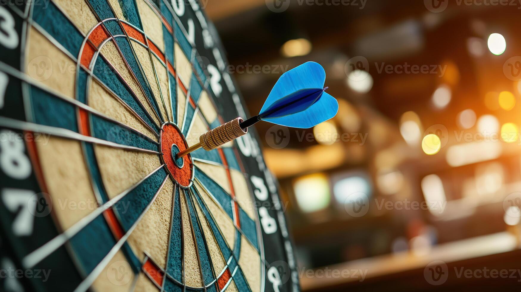 A close-up of a dartboard with a blue dart hitting the bullseye, symbolizing precision and focus in a lively environment. photo