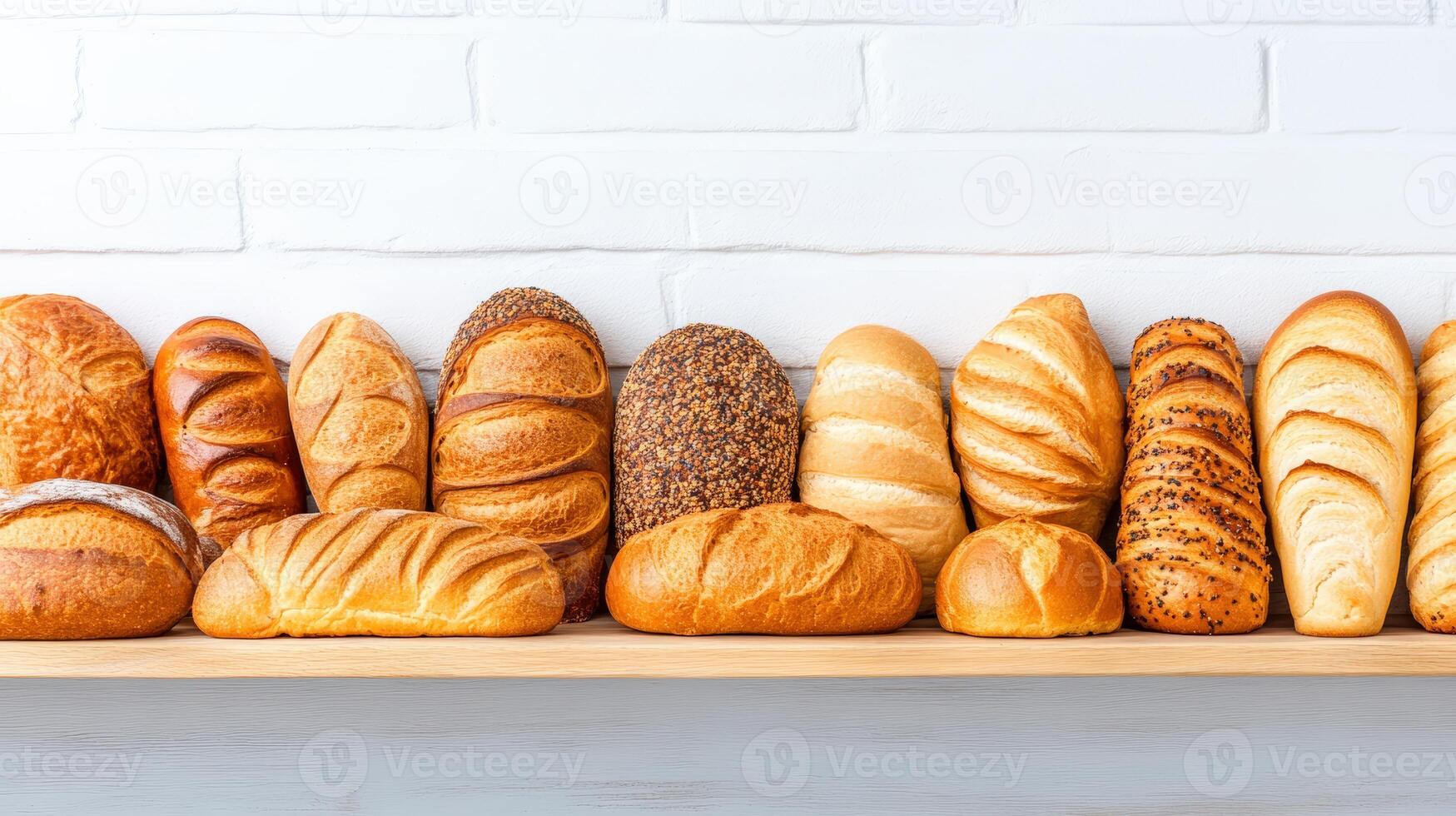A beautiful array of assorted breads neatly displayed on a wooden shelf against a white brick wall, showcasing various textures. photo