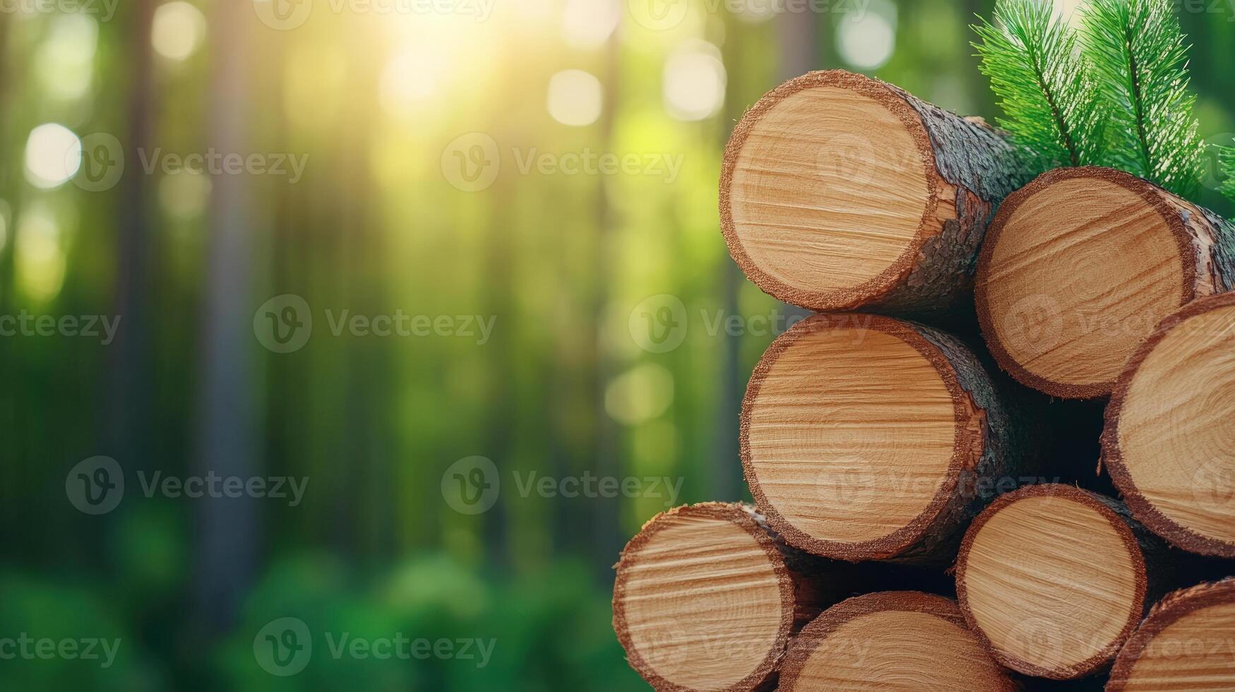 A close-up view of freshly cut tree logs in a serene forest setting, highlighting nature's beauty and natural resources. photo