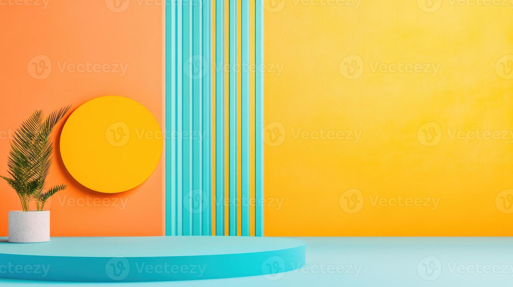 Vibrant studio backdrop featuring orange and yellow walls with teal accents and a stylish plant in a modern pot. photo