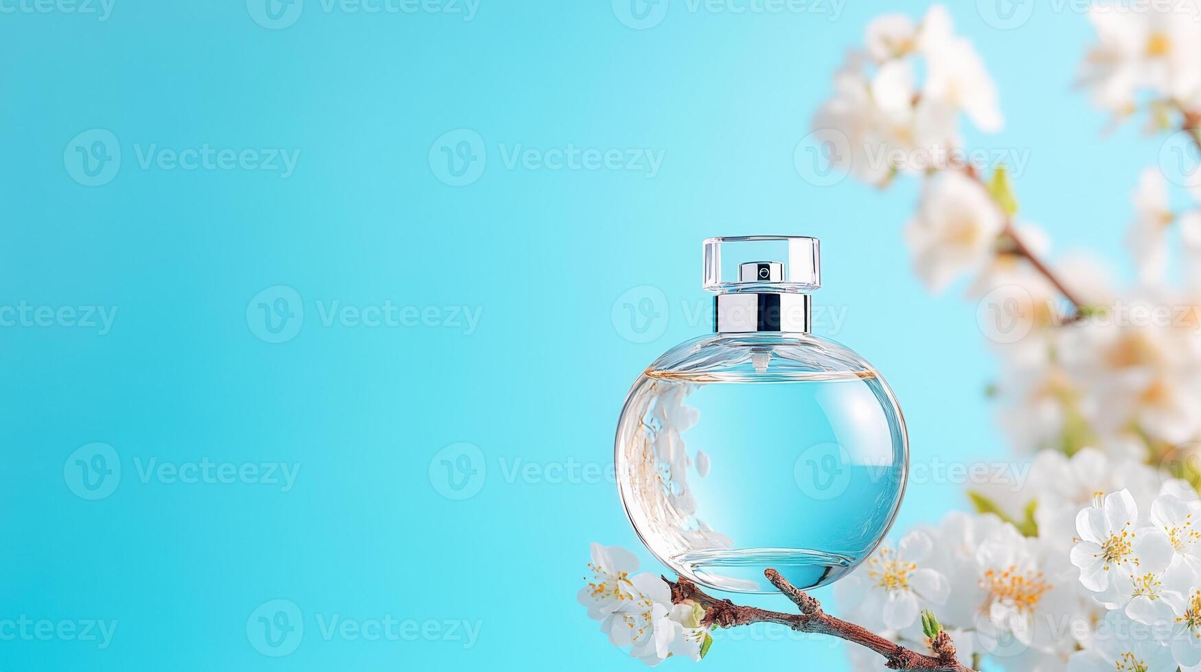 Elegant perfume bottle with a soft blue background and delicate flowers, perfect for beauty and fragrance themes. photo