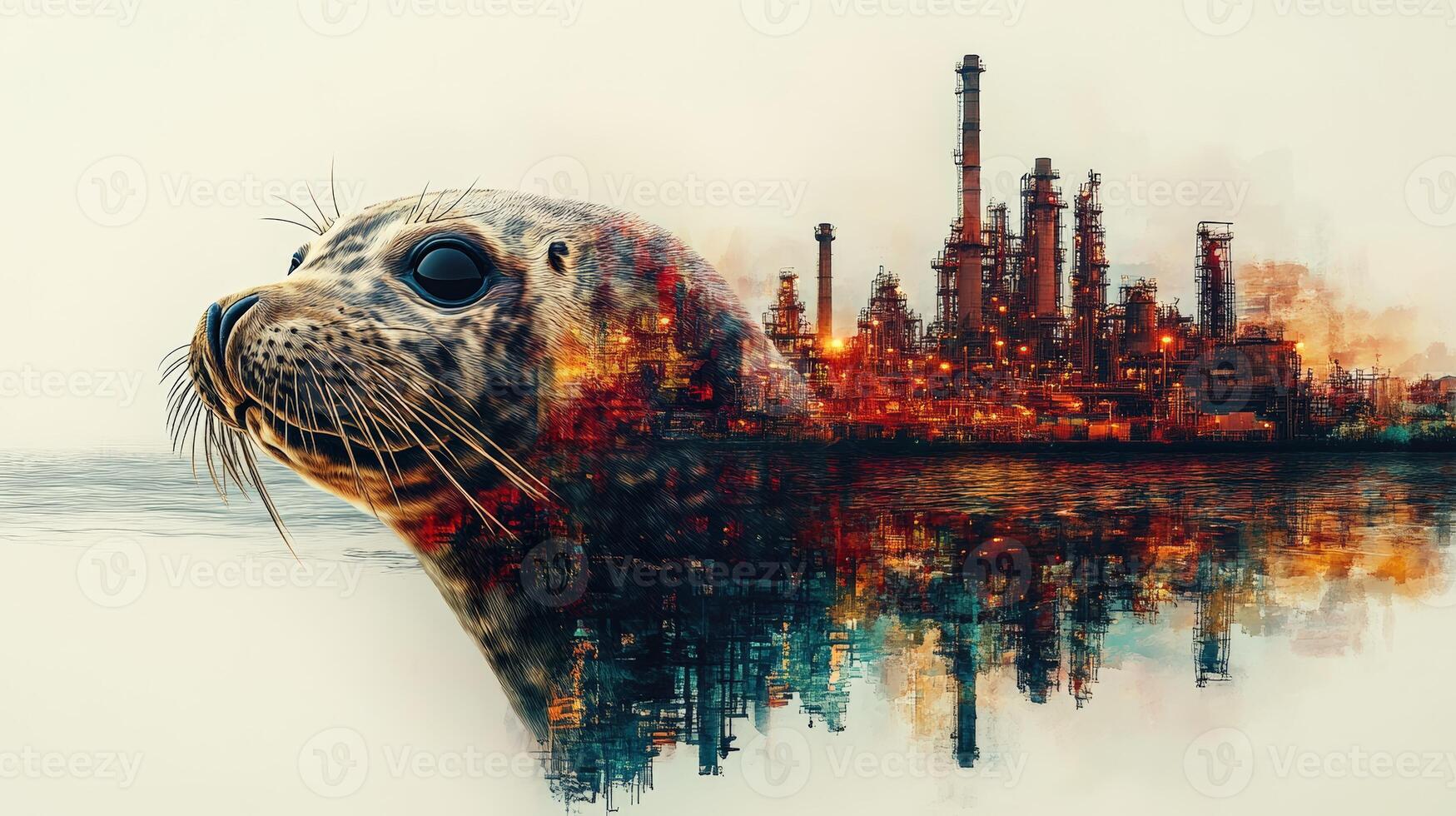 A surreal blend of nature and industry, featuring a seal's face with a backdrop of a glowing oil refinery. photo