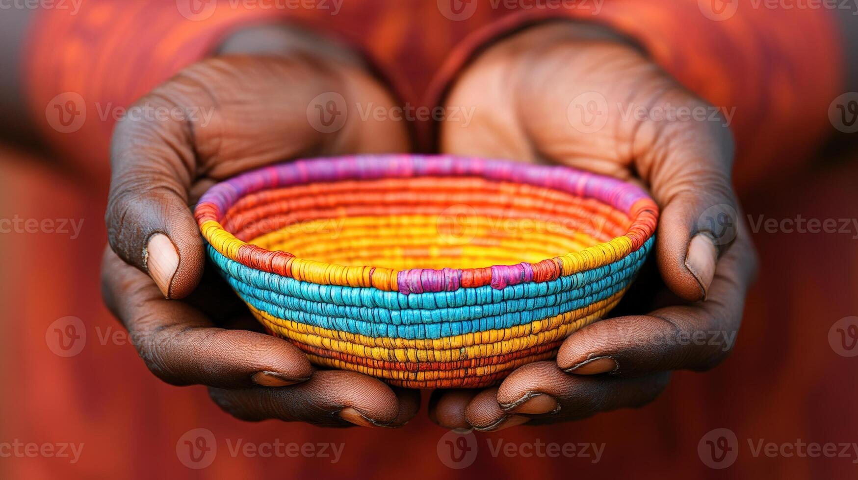 Colorful woven bowl held by hands, showcasing intricate craftsmanship and vibrant patterns, perfect for home decor or cultural projects. photo