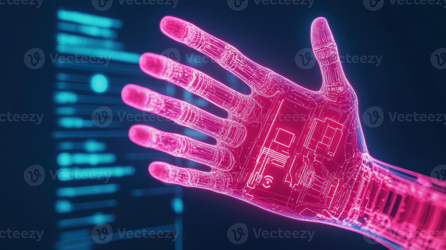 Futuristic robotic hand showcasing advanced technology and digital interfaces, symbolizing innovation and artificial intelligence. photo