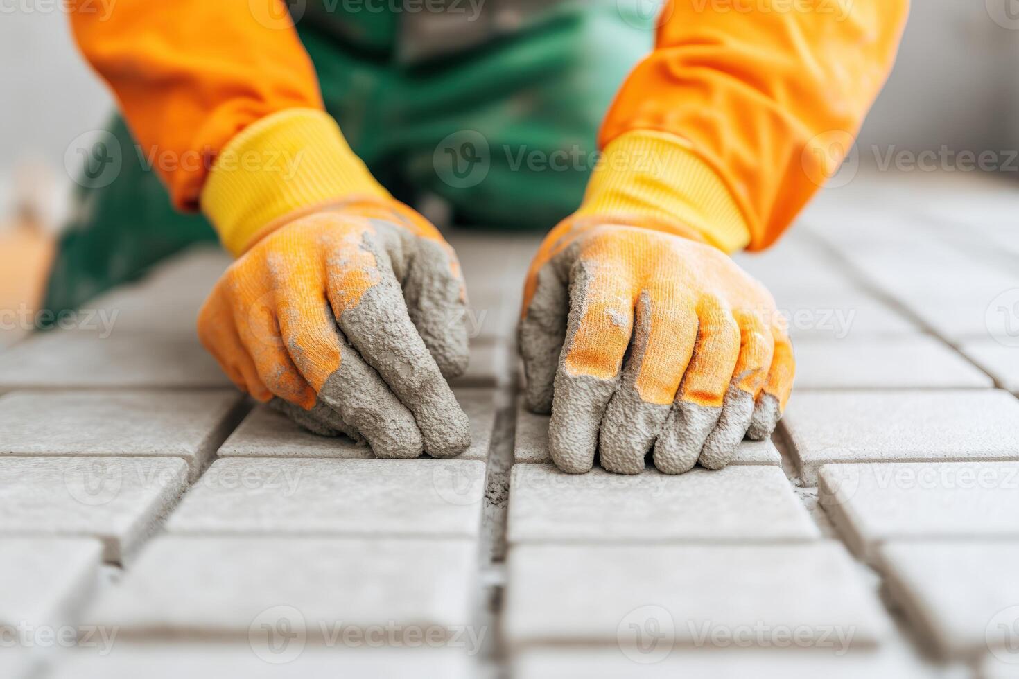 A worker lays tiles with gloved hands, showcasing precision and skill in masonry construction. photo