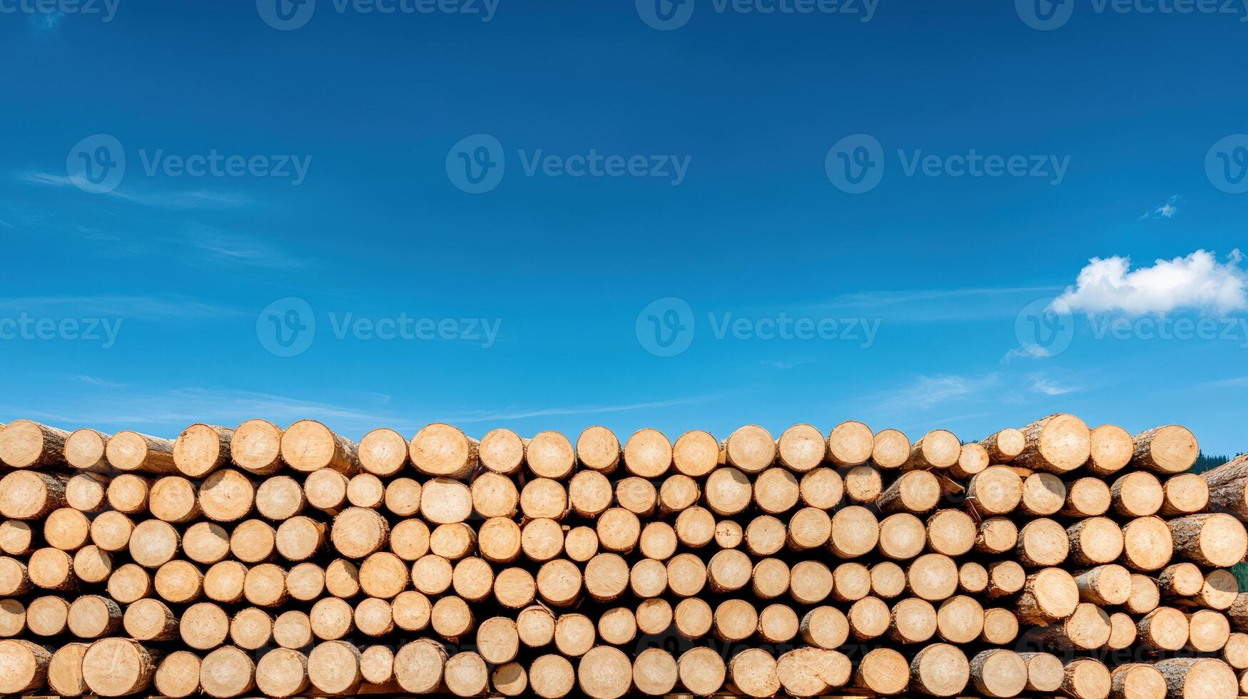 Stacked logs under a bright blue sky, showcasing natural texture and warmth, ideal for forestry and sustainable living themes. photo