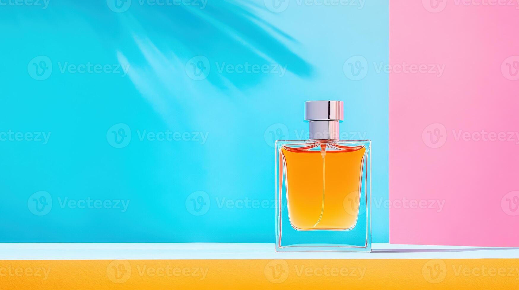 Elegant perfume bottle on vibrant blue and pink background, perfect for beauty and fragrance promotion. photo