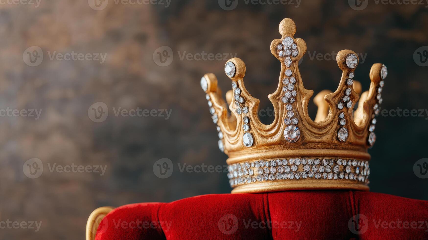 A luxurious golden crown adorned with jewels, resting on a plush red throne, symbolizing royalty and elegance. photo