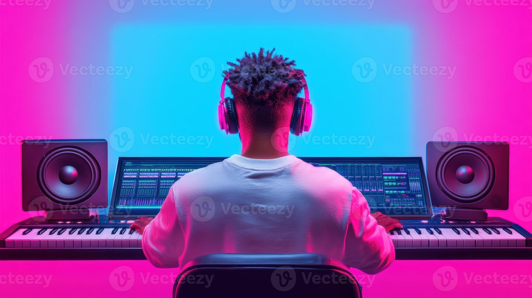 A musician creates electronic music in a vibrant studio, surrounded by modern equipment and colorful lighting. photo