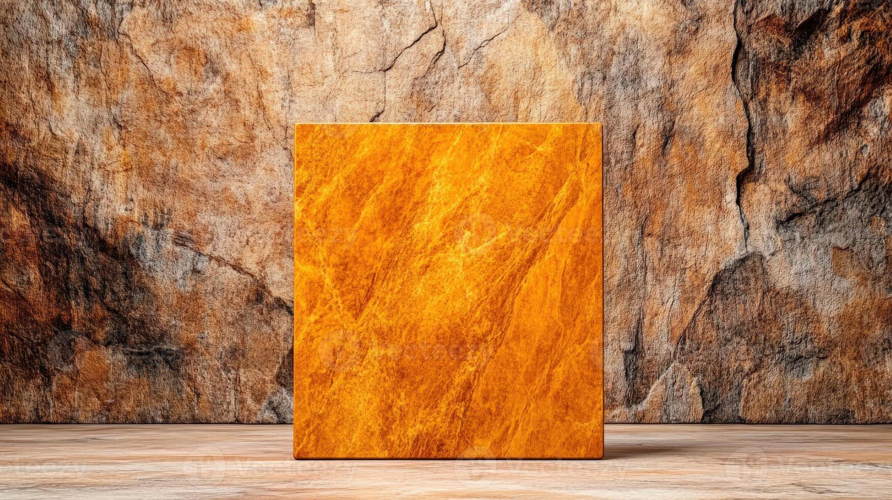 A vibrant orange stone slab against a textured rock background, ideal for showcasing natural material and design concepts. photo