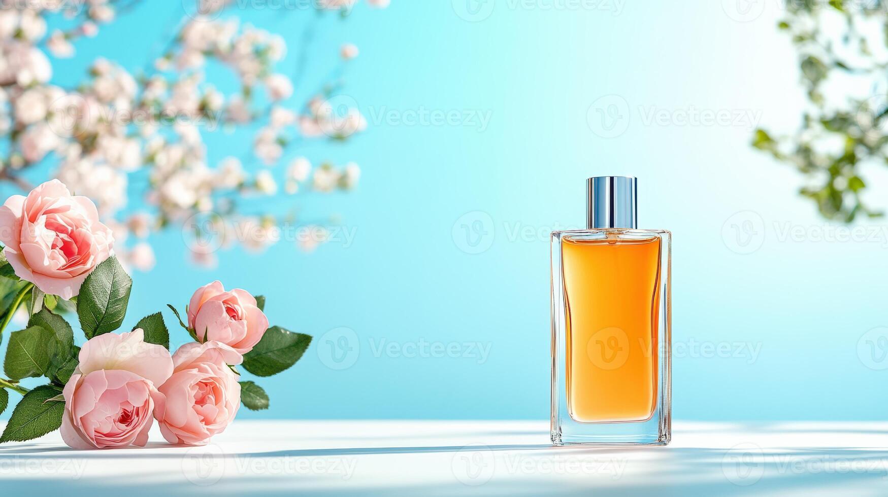 Elegant perfume bottle surrounded by blooming roses, perfect for beauty and fragrance themed projects. photo
