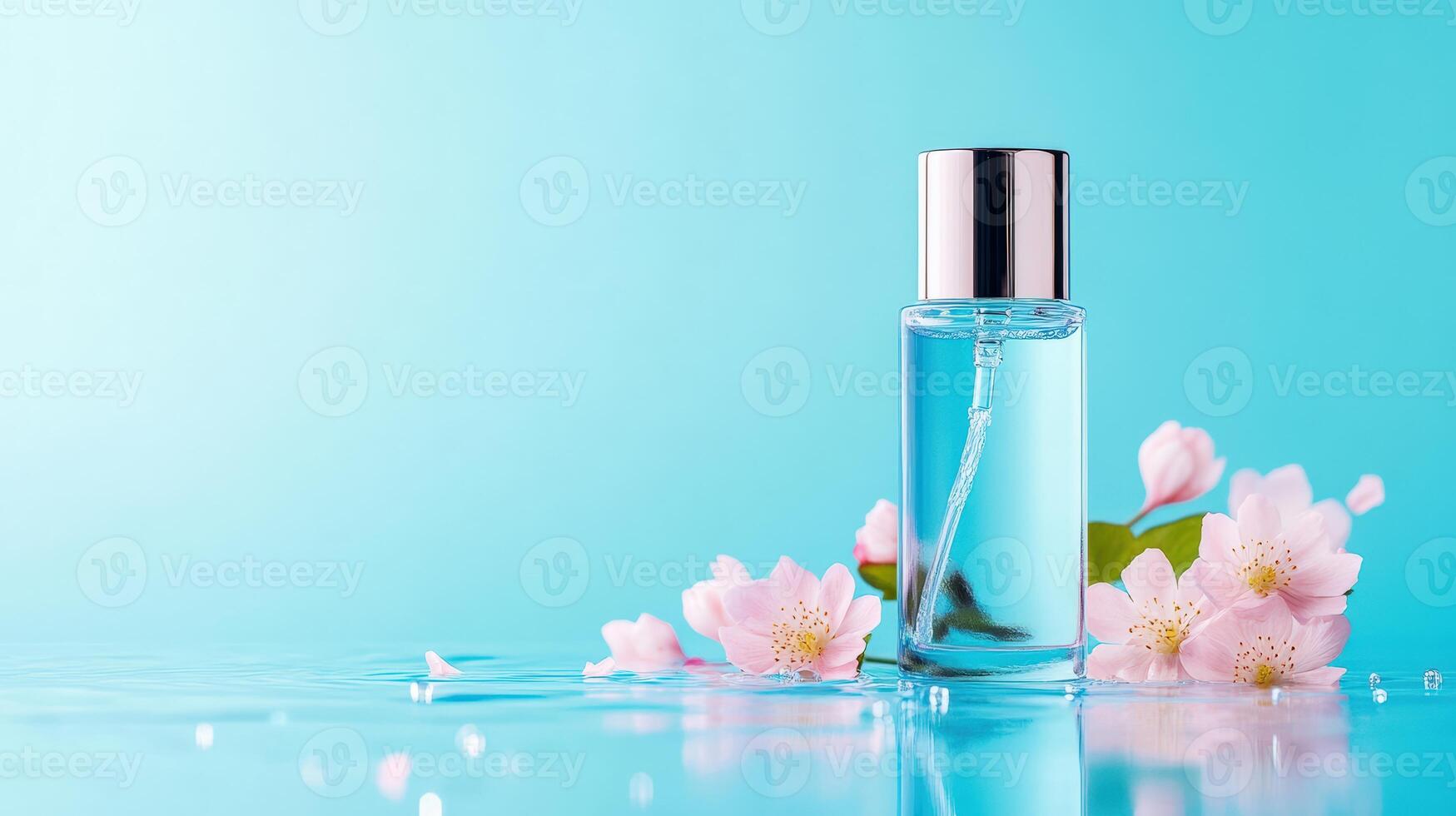 A clear bottle of perfume with a silver cap, surrounded by delicate pink flowers on a soft blue background. photo