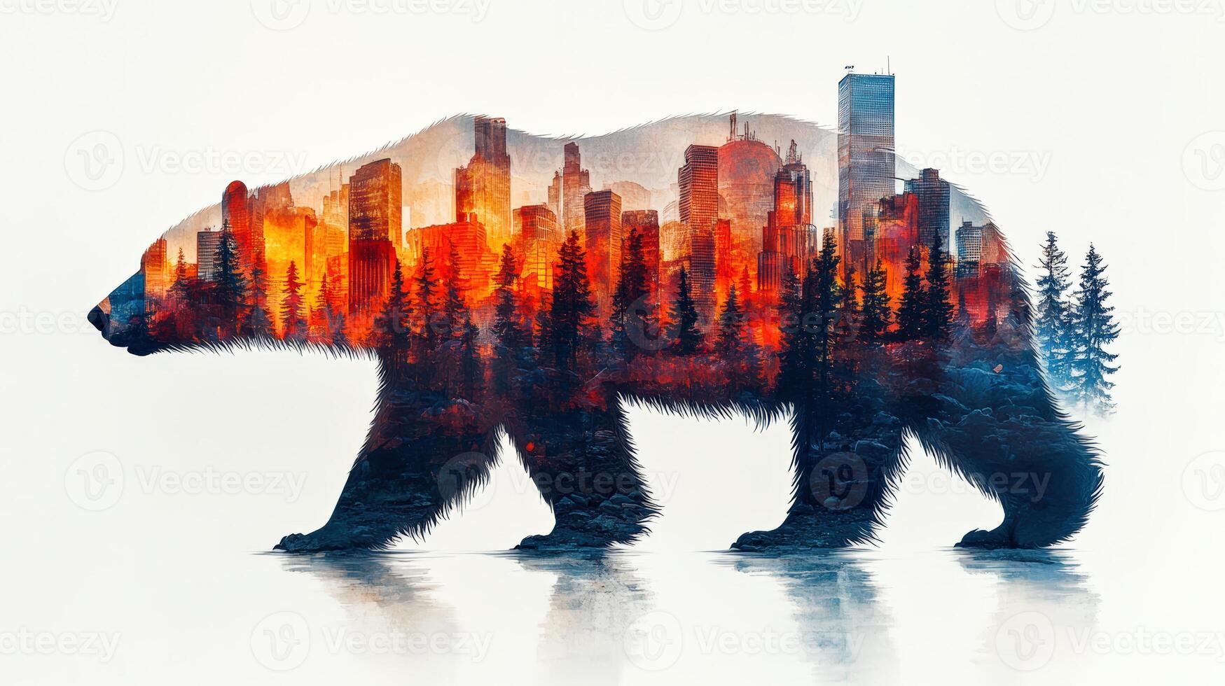 A creative double exposure artwork featuring a bear silhouette blended with a city skyline and forest elements. photo