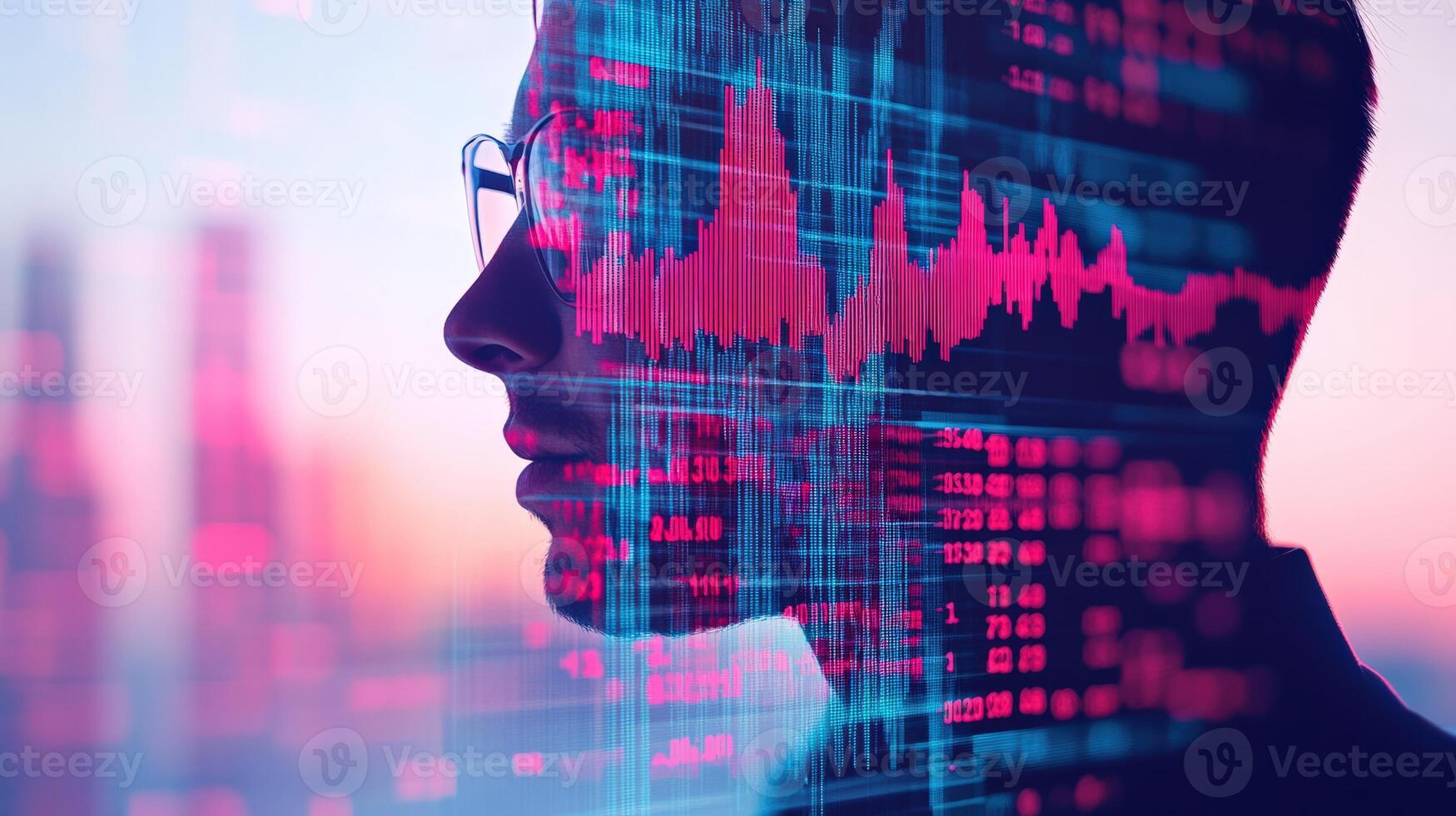 Profile silhouette of a man with digital graphs and data overlay, symbolizing technology and analytics in a modern environment. photo