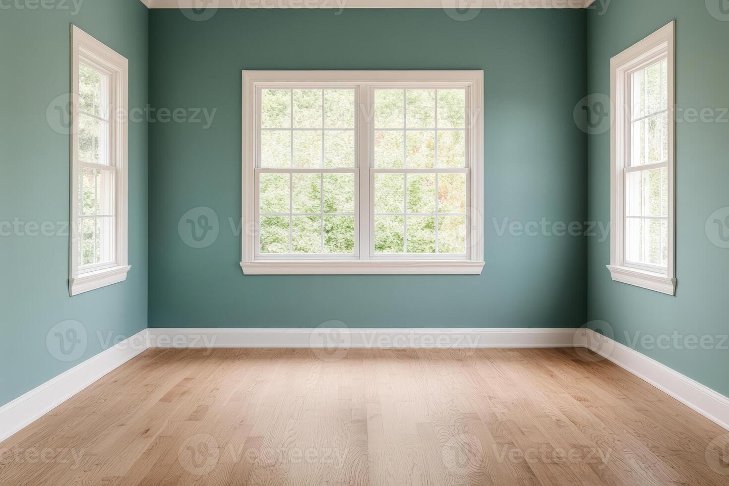 Bright and airy empty room featuring teal walls, large windows, and wooden floor, ideal for interior design inspiration. photo