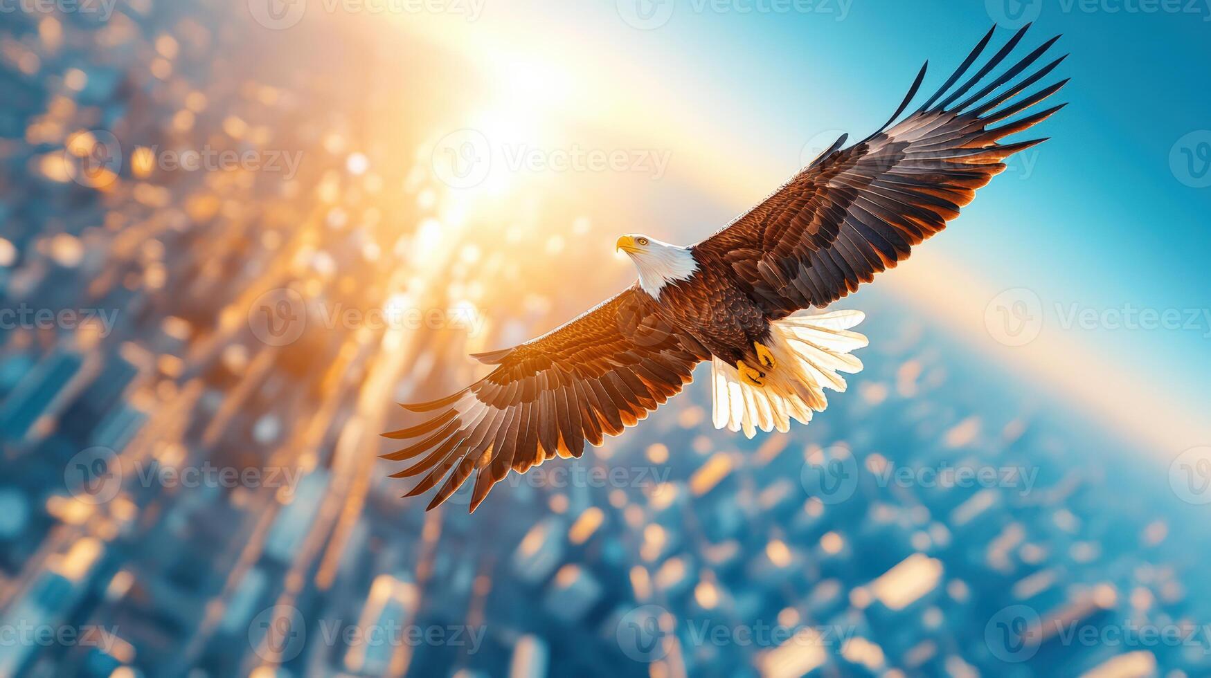 Majestic eagle soaring above a city skyline during sunset, capturing the essence of freedom and urban beauty. photo