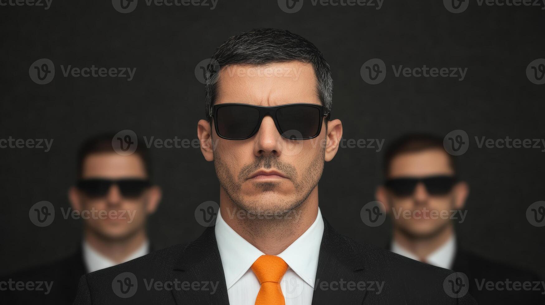 A confident man in a suit and sunglasses, with two others in the background, exuding power and mystery in a dark setting. photo