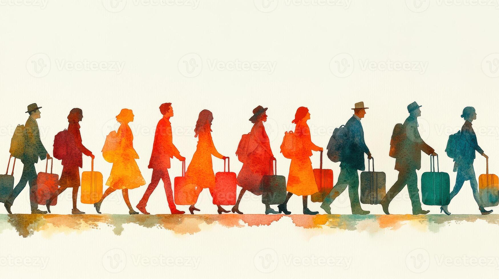 Colorful watercolor illustration of travelers walking with luggage, symbolizing adventure, journey, and exploration. photo