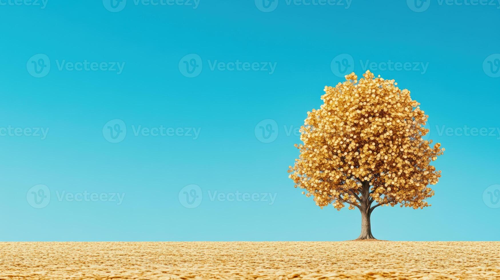A solitary golden tree stands against a bright blue sky, symbolizing tranquility and the beauty of nature in autumn. photo