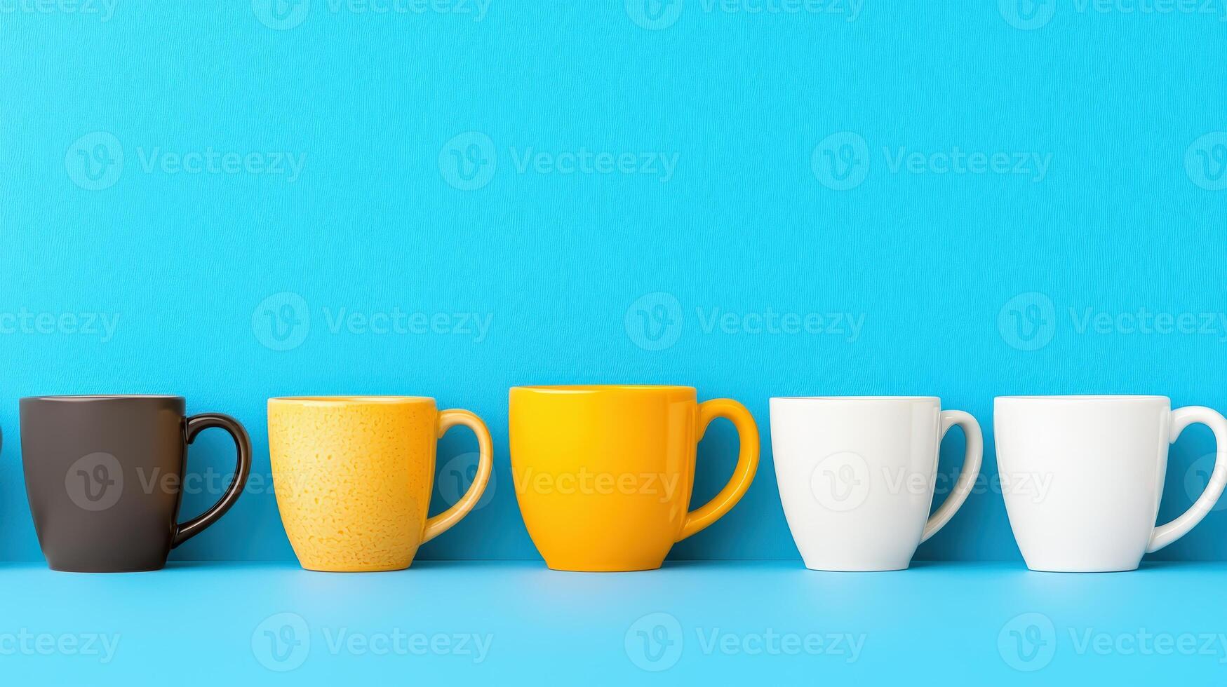 A vibrant arrangement of colorful mugs against a bright blue background, perfect for coffee enthusiasts and kitchen decor. photo