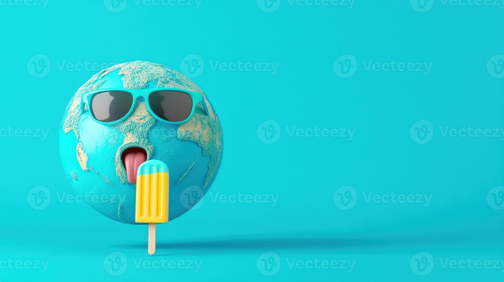 Playful globe wearing sunglasses, enjoying a colorful popsicle against a vibrant turquoise background. Perfect for summer themes. photo