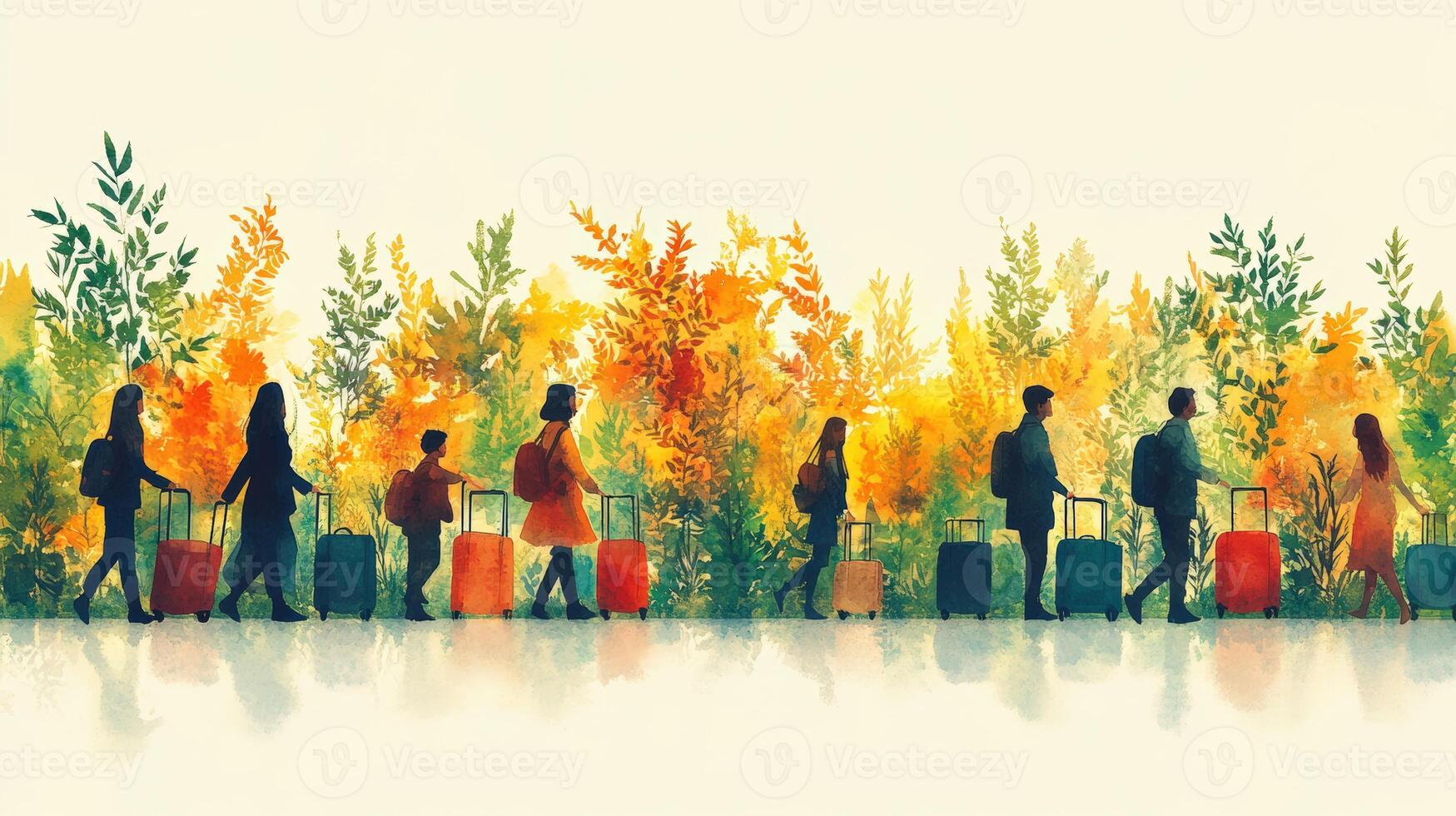 A vibrant scene of travelers moving through a colorful autumn landscape, showcasing the beauty of journey and nature. photo