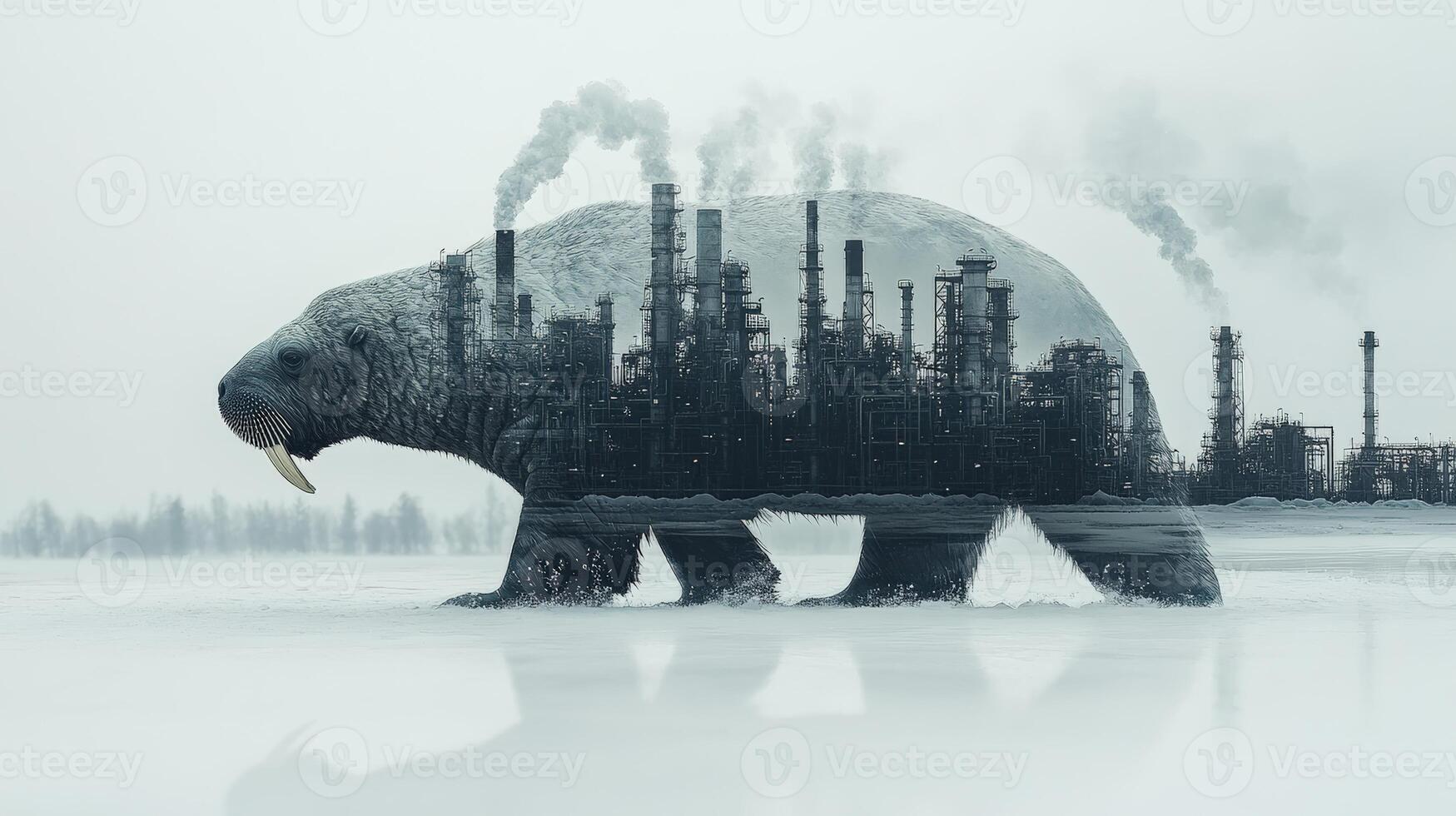 An artistic representation of a bear with an industrial skyline embedded, symbolizing environmental impact and wildlife. photo